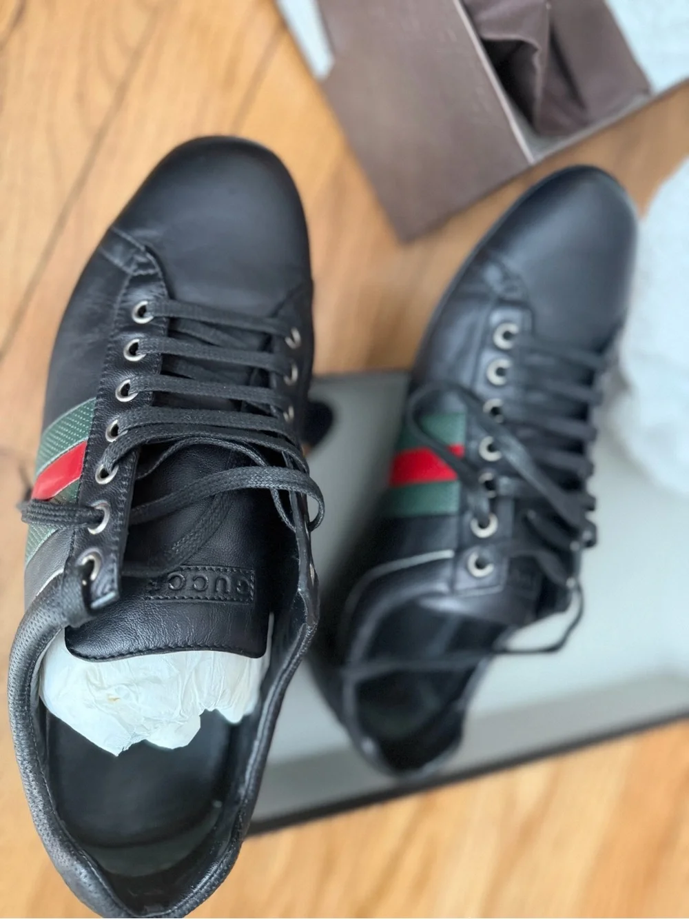 Gucci Black Leather Sneakers with Green and Red Web Stripe